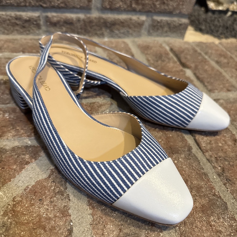 Veronica Beard Cecile Leather Canvas Woman Sz 7 Blue Stripe Slingback #814
